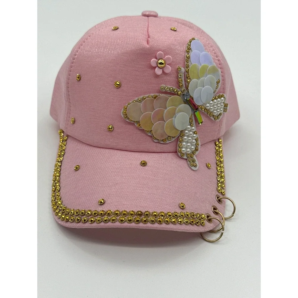 Pink Butterfly Sequin Pearl Rhinestone Baseball Cap with Gold Rings Accent Hat